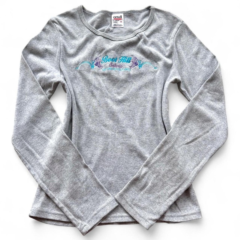 Y2K Grey Boot Hill Saloon Daytona Beach Embroidered Long Sleeve Top Medium